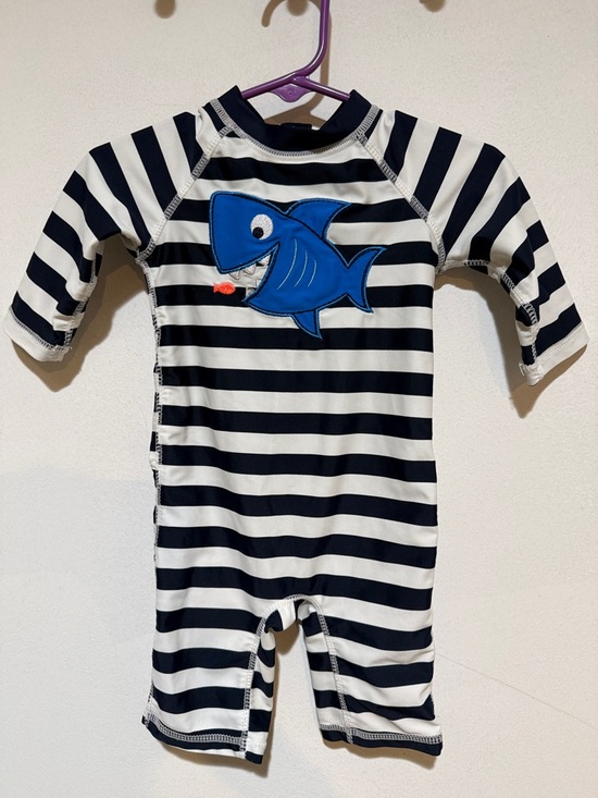 Koala Kids Other - Koala Kids Navy & White Striped One-Piece Bathing Suit with Blue Shark